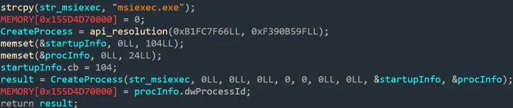 Figure 3: The first shellcode, that launch new instance of ”msiexec.exe”