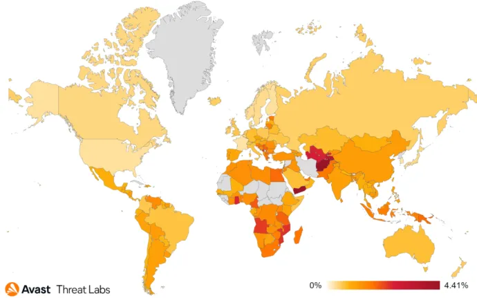 Map showing global risk ratio for information stealers in Q2/2022