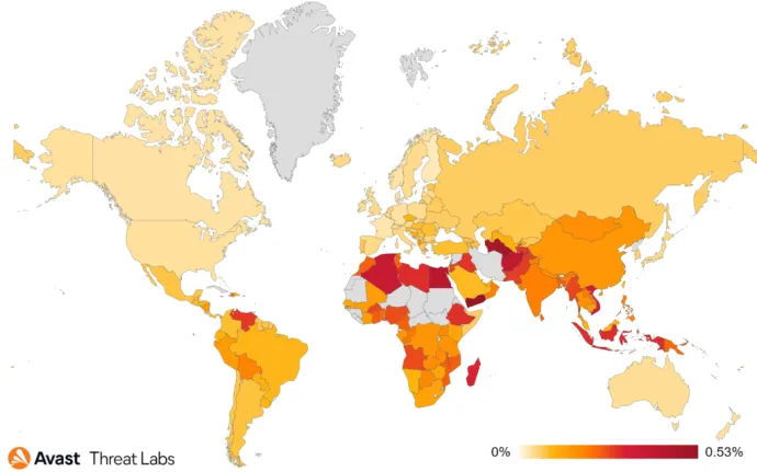 Map showing global risk ratio for ransomware in Q2/2022