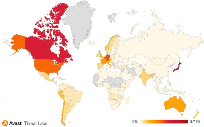 Map showing global risk ratio for tech support scams in Q2/2022