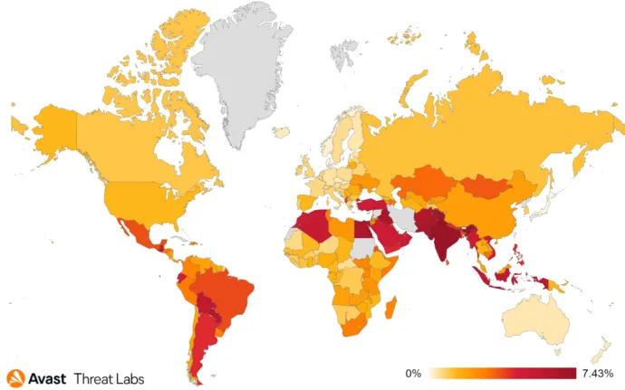 Map showing global risk ratio for mobile adware in Q2/2022