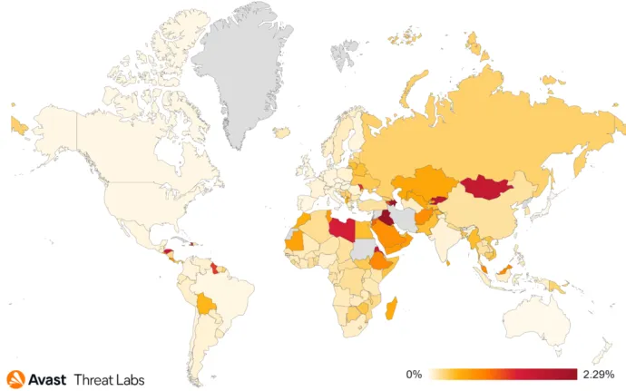 Map showing global risk ratio for mobile TrojanSMS in Q2/2022