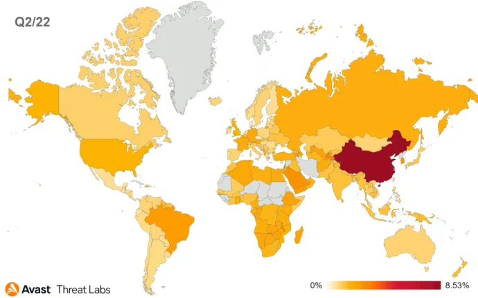 Map showing global risk ratio for adware in Q1/2022 vs. Q2/2022