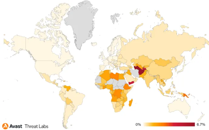 Map showing global risk ratio for botnets in Q2/2022