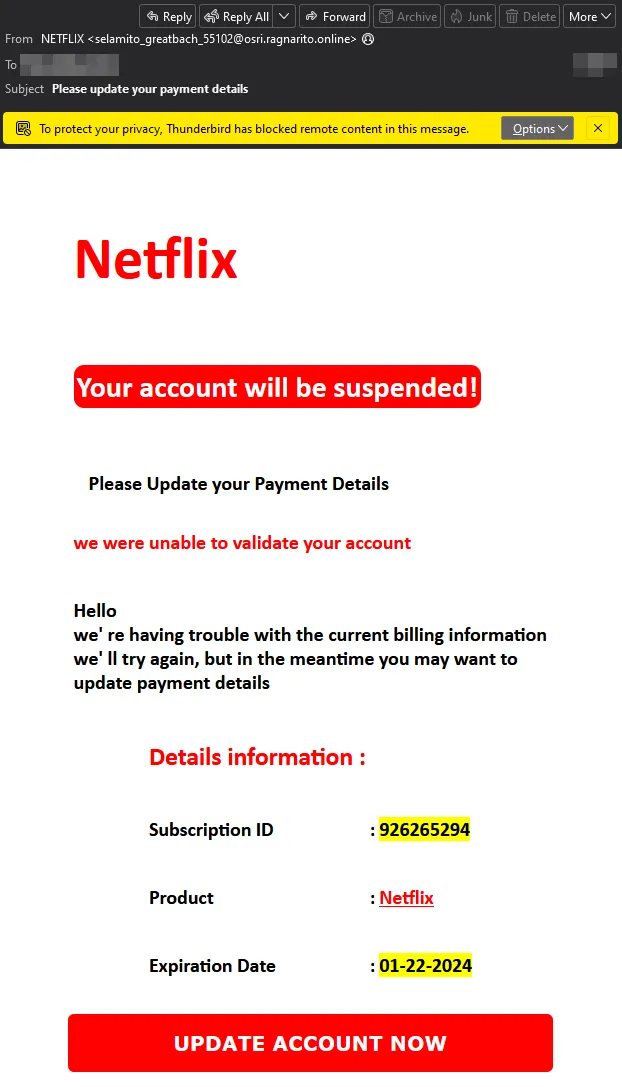 Netflix-based invoice scam spreading in Q4/2023