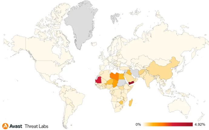 Map showing global risk ratio for mobile Spyware in Q3/2022