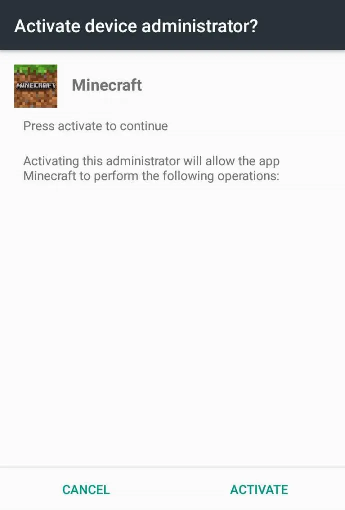 A repacked Minecraft app with MobiDash requesting administrative privileges to aid its adware behavior and hide from the victim