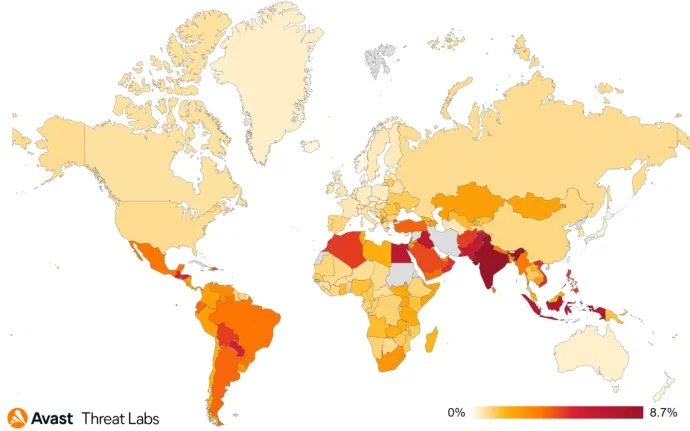 Map showing global risk ratio for mobile adware in Q3/2022