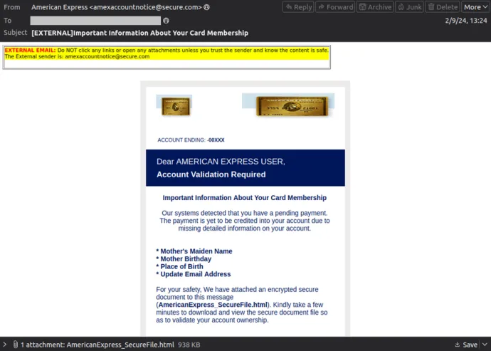 Screenshot of the phishing email