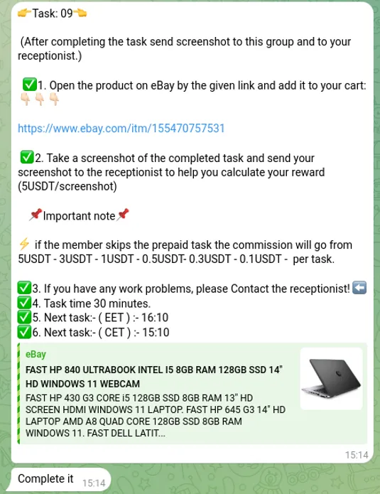 Example task where victims are asked to add products to eBay shopping cart, then send screenshots to scammers with the promise of a payout 