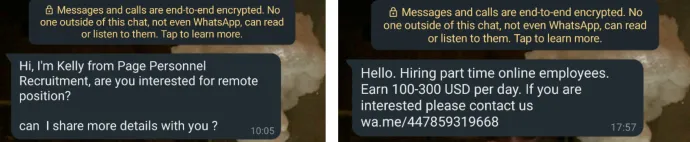 Examples of unsolicited messages from scammers that try to lure victims with offers of remote work 