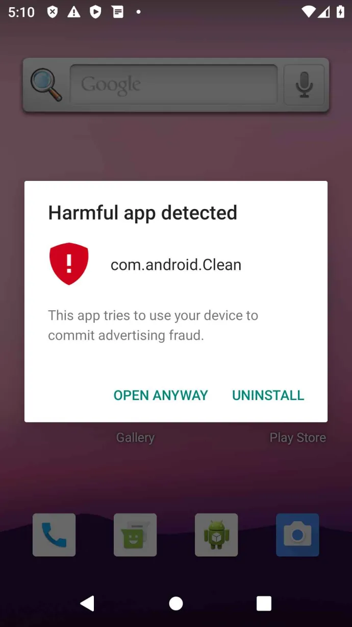 Google Play Protect warning about HiddenAds adware, which is trying to gather fraudulent advertising revenue 