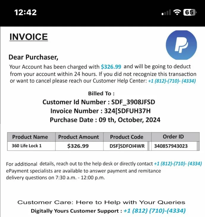 Example of fake invoice scam with its typical urgency 