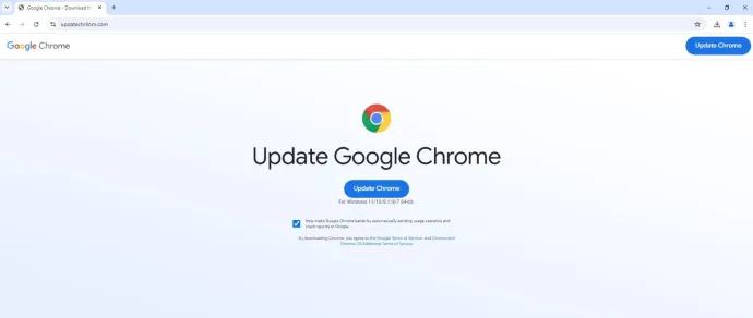 Fake Update screen prompting an update for Google Chrome with strong resemblance to the legitimate installation/update page of Google Chrome. Instead of the update, it is distributing the WarmCookie backdoor 