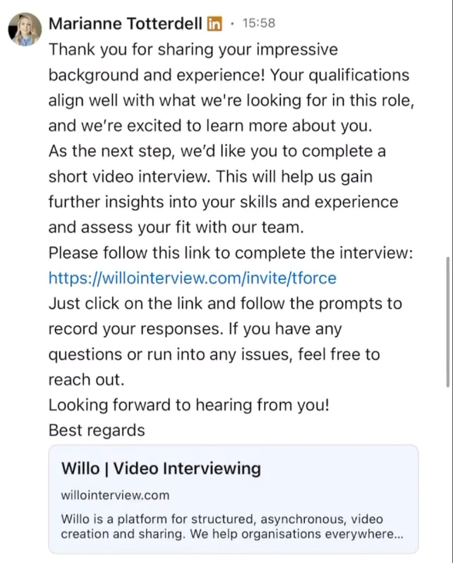 A fraudulent job offer presented via message from a recruiter on LinkedIn  