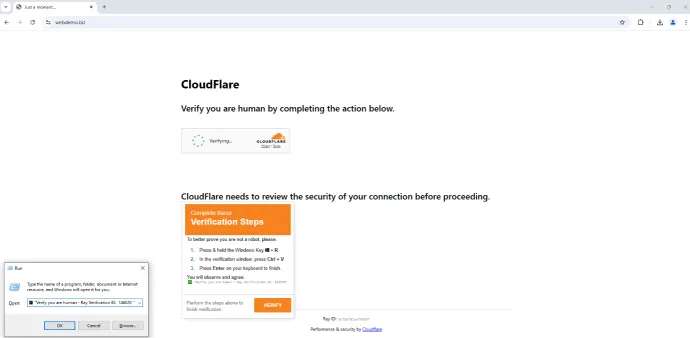 FakeCaptcha mimicking a typical CloudFlare design of CAPTCHA 