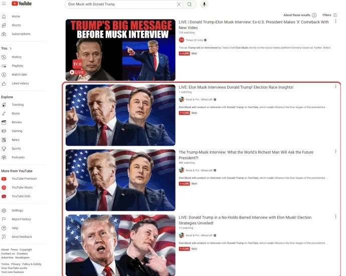 Search results of keywords related to Musk and Trump. 