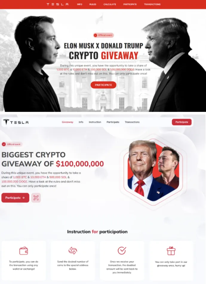 Examples of fraudulent landing pages of CryptoCore 